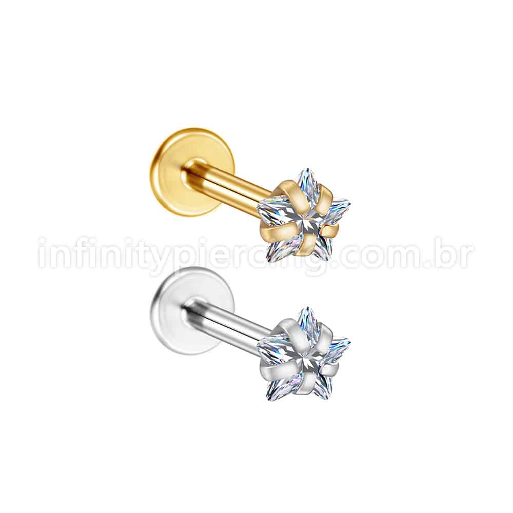 Piercing Labret Aço Cirúrgico Push Pin Estrela Zircônia